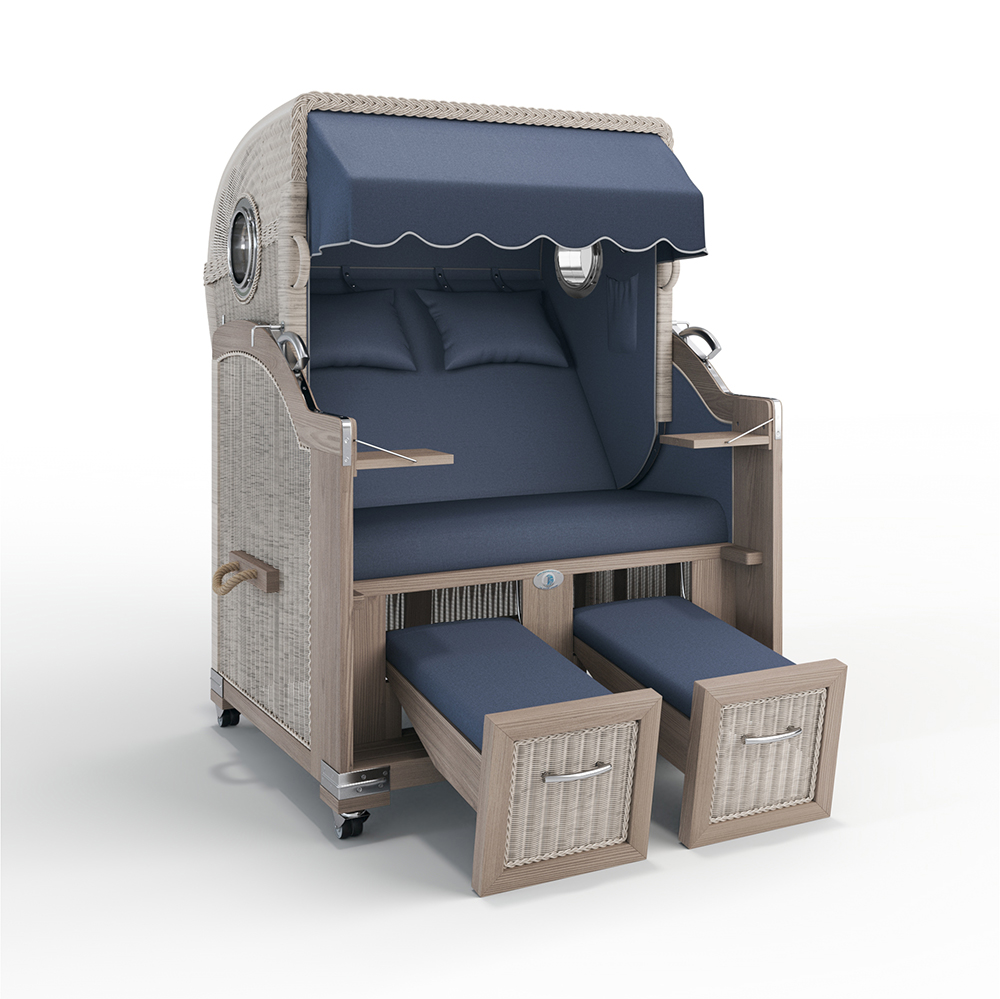 Strandkorb Landhaus Sylt-Teak Vintage-Nature White-HERITAGE blau-35400-35400-mit Bullaugen-Silverline-Terrassenrollen