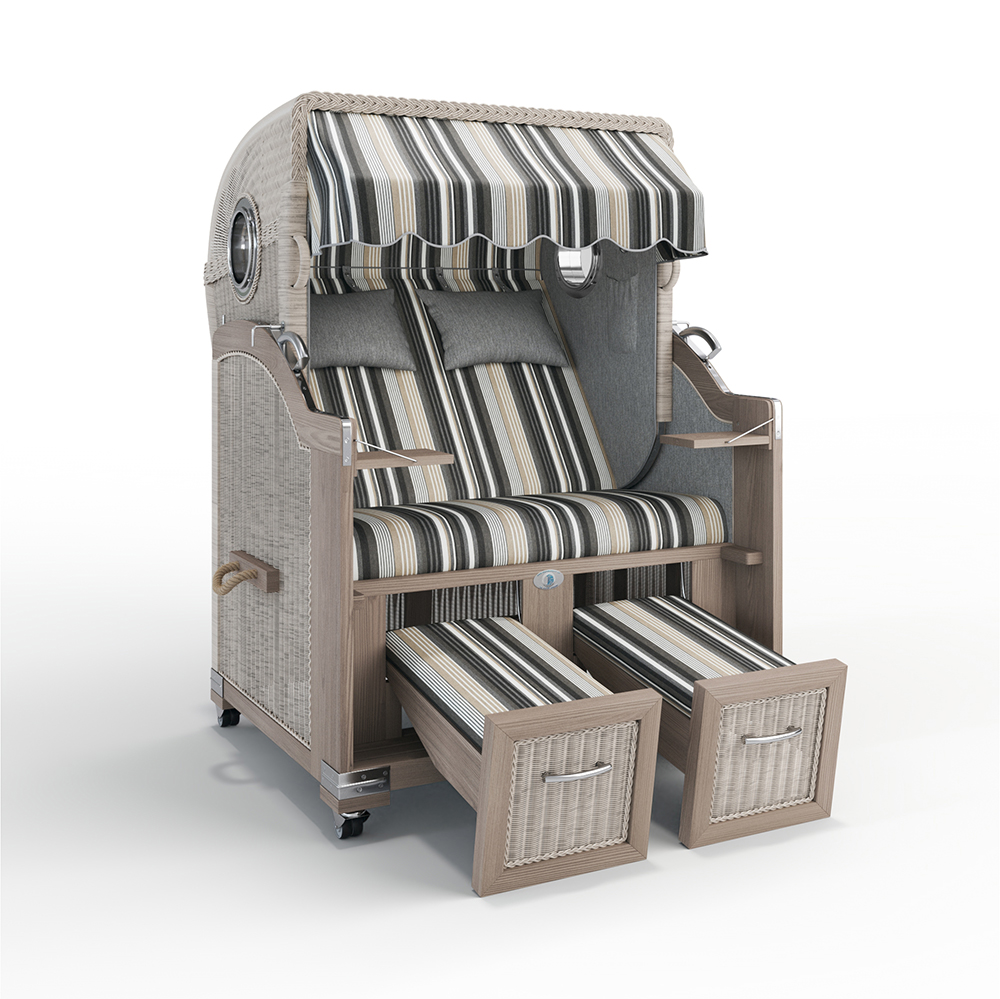 Strandkorb Landhaus Sylt-Teak Vintage-Nature White-LISSABON grau-52218-56203-mit Bullaugen-TeakSafe anthrazit-Terrassenrollen