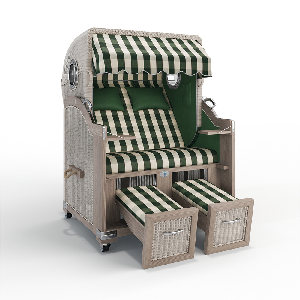 Strandkorb Landhaus Sylt-Teak Vintage-Nature White-MÜNCHEN grün-48106-46526-mit Bullaugen-TeakSafe grün-Terrassenrollen