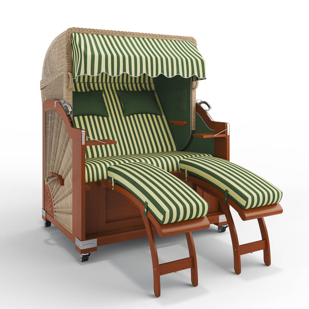 Strandkorb Keitum-Mahagoni-Nature Sand-PORTO-gr&uuml;n-creme-82336-46526-ohne Bullaugen-TeakSafe gr&uuml;n-Terrassenrollen