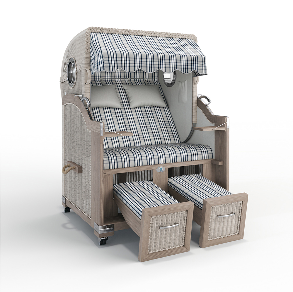 Strandkorb Landhaus Sylt-Teak Vintage-Nature White-PALMA blau-24425-46528-mit Bullaugen-TeakSafe anthrazit-Terrassenrollen