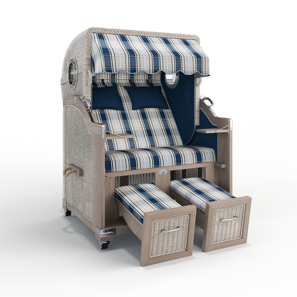 Strandkorb Landhaus Sylt-Teak Vintage-Nature White-MASPALOMAS blau-26105-46575-mit Bullaugen-TeakSafe grün-Terrassenrollen