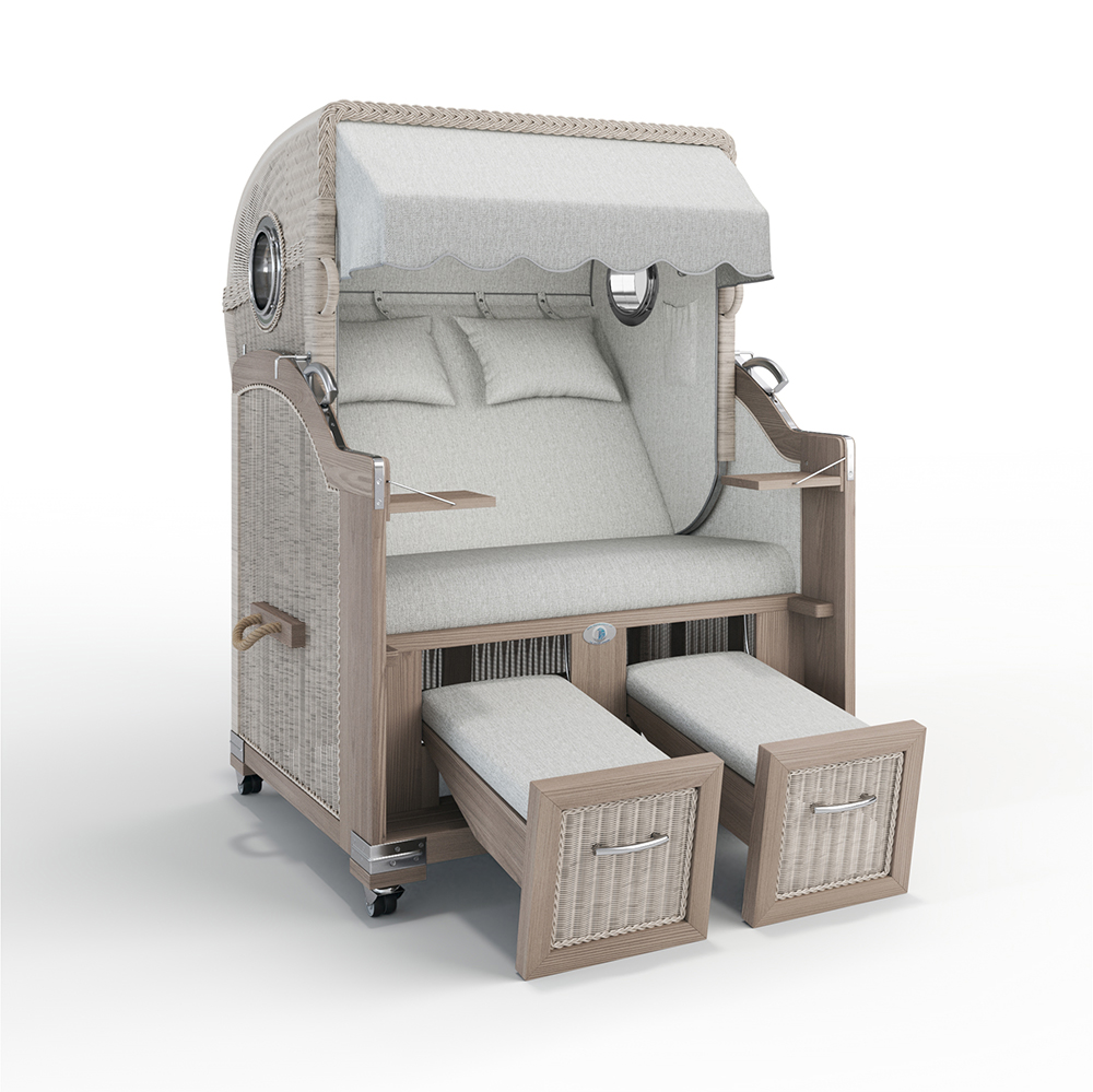 Strandkorb Landhaus Sylt-Teak Vintage-Nature White-AMSTERDAM grau-26200-26200-mit Bullaugen-Silverline-Terrassenrollen