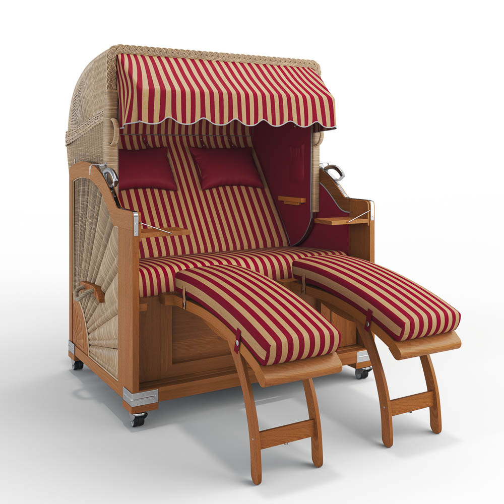 Strandkorb Keitum-Teak-Nature Sand-PORTO-rot-creme-82333-46573-ohne Bullaugen-Silverline-Terrassenrollen