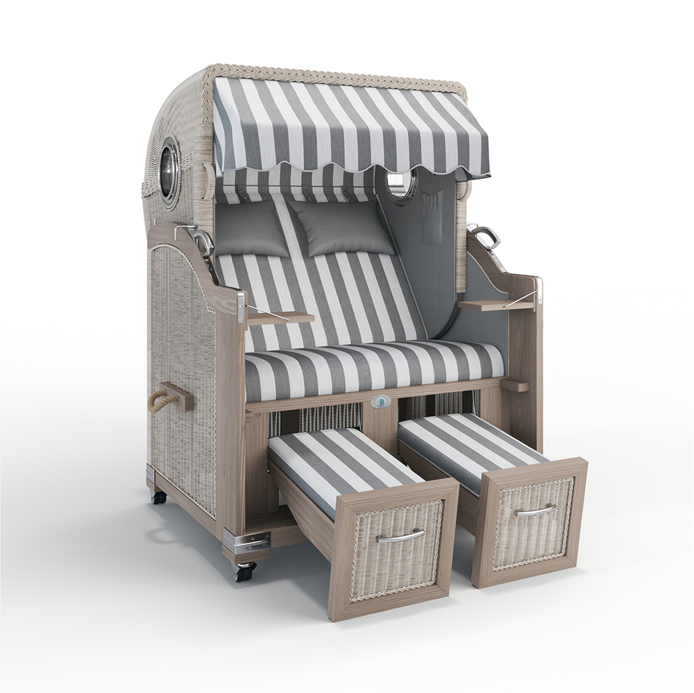 Strandkorb Landhaus Sylt-Teak Vintage-Nature White-CADIZ anthrazit-silber-32708-32808-mit Bullaugen-Silverline-Terrassenrollen