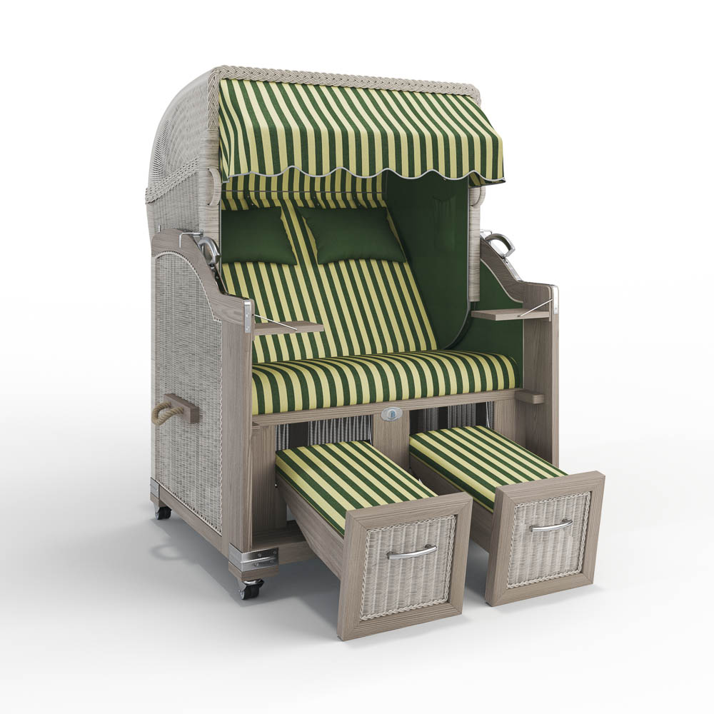 Strandkorb Landhaus Sylt-Teak Vintage-White Washed-PORTO-grün-creme-82336-46526-ohne Bullaugen-TeakSafe anthrazit-Terrassenrollen